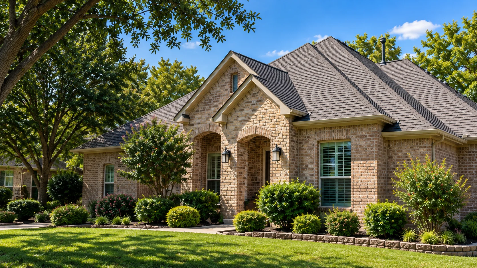Brick home with a gray shingle roof, mature trees and landscaping